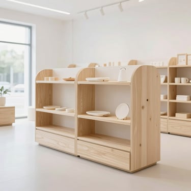 Minimalist modular wooden displays for baby products in a bright, airy retail space, daylight flooding