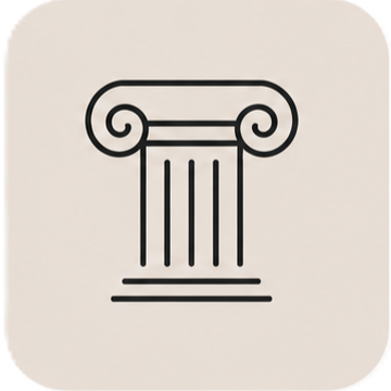 Minimalist black line icon of a Greek ionic column on a neutral beige background.