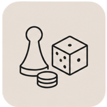 Minimalist line art icon of board game pieces including a pawn, six-sided dice, and tokens.