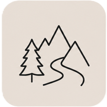 Minimalist mountain icon featuring a winding path, pine tree, and peaks in a line art style.