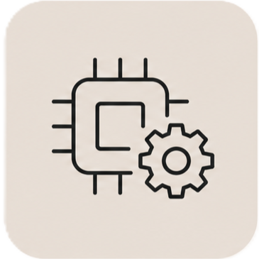 Minimalist line icon of a computer CPU chip and gear symbol representing data processing and hardware settings.