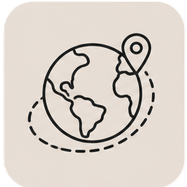 Minimalist outline icon of a world globe with a travel location pin and dashed flight path.