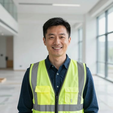 Portrait of a satisfied middle-aged man in a warehouse setting, smiling confidently.