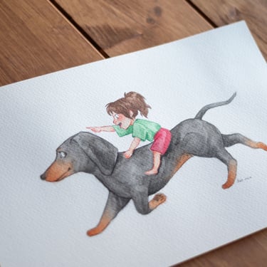 Acuarela de niña feliz sobre perro corriendo