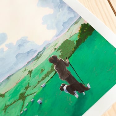 fotografía del detalle de una ilustración en gouache que representa un pastor con su perro pastoreando sus ovejas