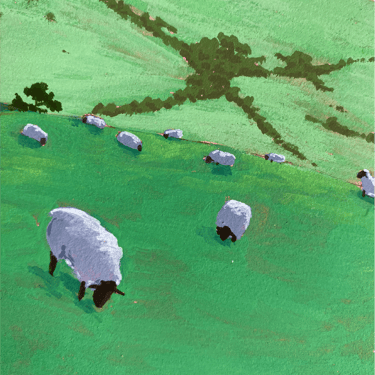 Close up ilustración de gouache unas orejitas pastando en una pradera