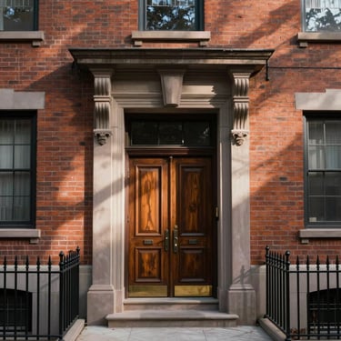 Exterior facade of a historic 1920s brick brownstone with a heavy timber entrance door, soft afternoon shadows