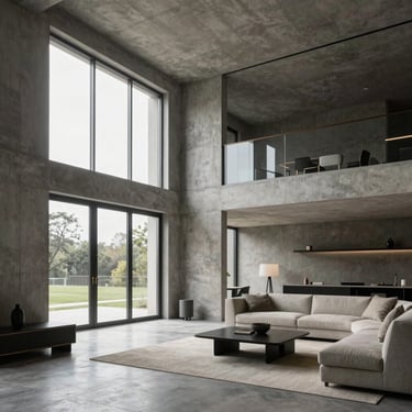 Modernist condo interior with exposed concrete walls, minimalist furniture, and large floor-to-ceiling windows