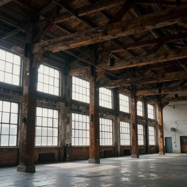Interior of a converted textile mill loft, soaring ceilings, massive original timber columns, large multi-pane windows with soft daylight