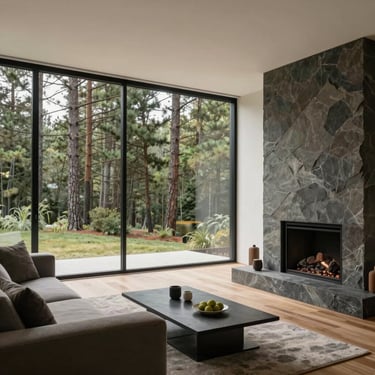 Mid-century modern living room, clean horizontal lines, floor-to-ceiling glass looking out to pine trees, natural slate fireplace