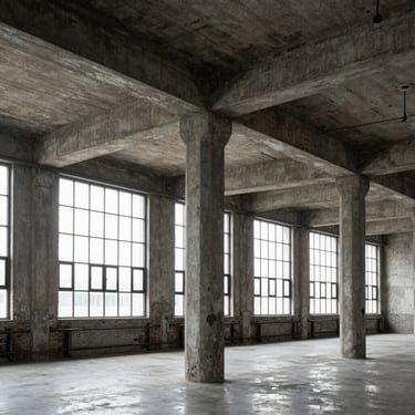 Industrial loft interior with high concrete ceilings, brutalist pillars, and industrial steel sash windows