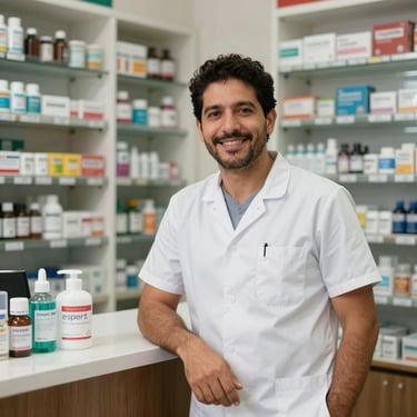 A portrait of a male drugstore owner in a modern South American pharmacy, leaning against a counter with medical supplies. Friendly and professional demeanor.