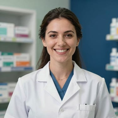 A close-up portrait of a professional female pharmacist in a clean white uniform, smiling warmly in a modern South American pharmacy. Soft lighting, sage green and navy blue background colors.