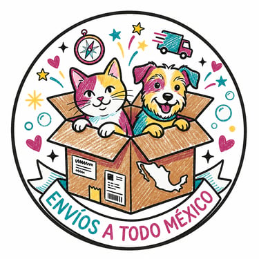 Ilustración de un perro y gato saliendo de una caja para envios nacionales tipo dibujo en crayola