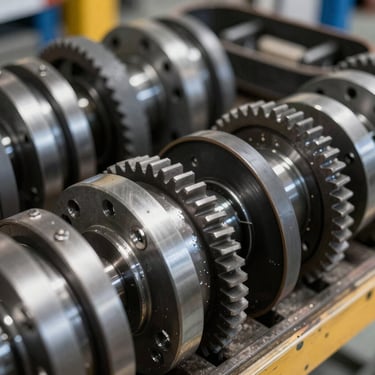 Precision industrial drive belts and metallic gears, organized warehouse setting