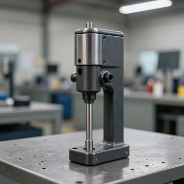 Industrial pneumatic impact wrench on a clean work bench, factory background