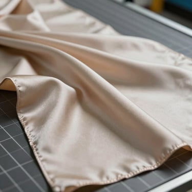 Macro detail of fluid silk-blend fabric draping over an industrial cutting table