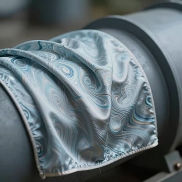 Macro photograph of fluid yarn-dyed silk jersey fabric draping over a curved industrial form, cool-toned daylight.