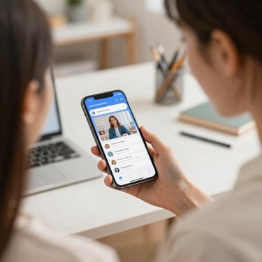 Over-the-shoulder shot of a woman in a creative studio looking at a community engagement dashboard on her phone, soft focus background
