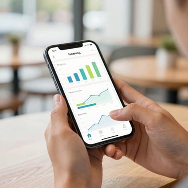 Close-up of hands holding a smartphone in a bright cafe, displaying a clean mobile learning interface with progress charts, warm daylight, soft focus background