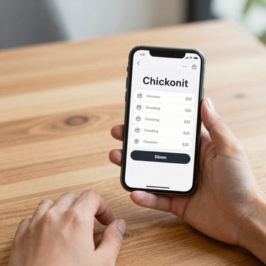 Hands holding a phone over a wooden table showing a minimal e-commerce checkout interface, bright natural daylight, 35mm lens