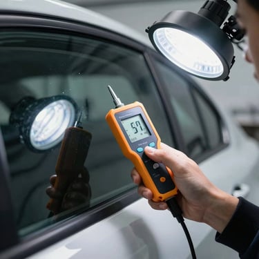 Close-up of a digital paint depth gauge measuring a car door under bright LED inspection lights in a clean workshop bay.