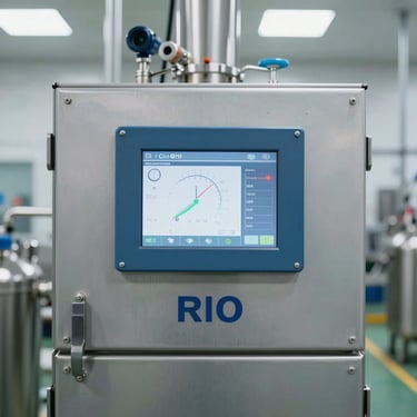 Straight-on medium shot of a stainless steel RO plant control panel with a digital PLC screen displaying flow telemetry, bright factory lighting, technical and precise.