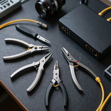 Overhead layout of fiber optic splicing tools, cleavers, and Mikrotik routers arranged neatly on a dark workspace