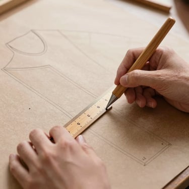 Hands carefully drafting a garment pattern on thick kraft paper with a wooden ruler