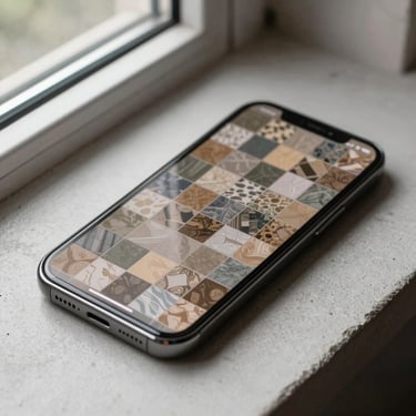 Tight crop of a phone screen showing a grid-based puzzle game with muted earth-tone tiles, phone resting flat on a light concrete surface, natural window light from the side
