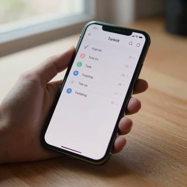 Close-up of an Android phone screen showing a minimal task list interface, natural daylight from a window, hand resting beside the device on a wooden desk, no glow effects