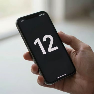 Phone screen showing a simple interval timer interface with large monospace digits, hand holding the device at a slight tilt, soft north-facing daylight, no studio lighting