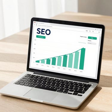 Crisp macro shot of a laptop screen showing a clean SEO dashboard with positive organic traffic growth curves, bright natural daylight, soft shadows, minimalist wooden desk background, professional and analytical mood.