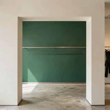 Straight-on architectural view of a minimalist local retail boutique interior, polished concrete floors, clean lines, soft natural daylight, 35mm