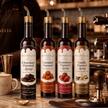 MONÉLIA syrup bottles with café tools for professional beverage service FLAVOR PROFILES