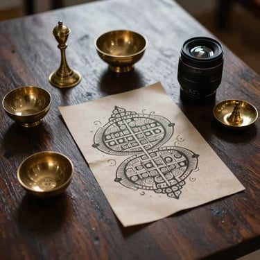 Low-key lighting on brass pooja utensils and ancient palmistry charts arranged on a dark wooden table, soft shadows.