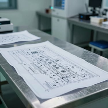 A cleanroom facility interior with technical blueprints laid out on a steel table, natural high-contrast side lighting, focused and objective.