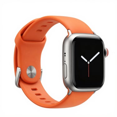 Premium titanium smartwatch with a rugged orange band, high-key studio lighting, sharp focus, white background, 85mm