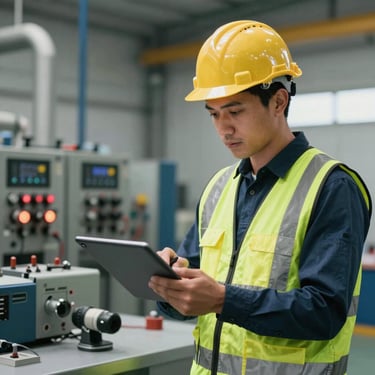 Primer plano de un ingeniero de control de calidad con casco y chaleco de seguridad reflectivo revisando un reporte técnico digital en una tableta, fondo industrial limpio y luminoso de día.