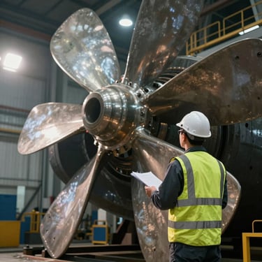 A technical superintendent in a safety vest inspecting a massive ship propeller in a drydock, harsh work lights, low-angle perspective.