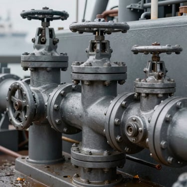 Macro close-up of heavy marine engineering, cargo ship bunker manifold and valves, cold steel gray tones, harsh industrial lighting.