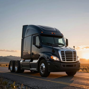 Low-angle heroic shot of a black Freightliner Cascadia truck with silver accents driving on an open Wyoming highway at sunset, cinematic golden hour lighting, mountains in the distance, 35mm lens