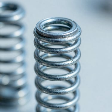 Macro close-up of a heavy-duty steel torsion spring under tension, bright natural daylight, cool blue tones