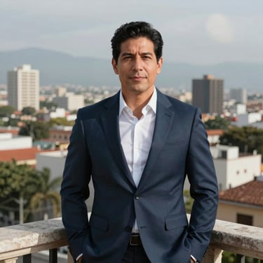 A portrait of a confident male real estate professional standing on a balcony overlooking a Latin American / Mexican urban landscape.