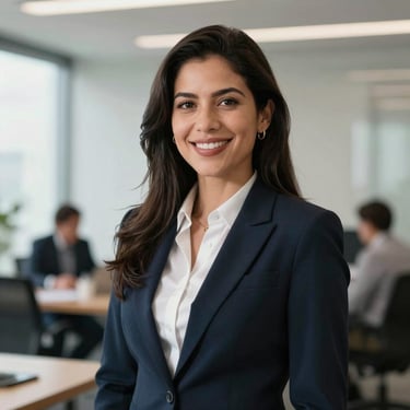 A portrait of a smiling professional woman in business attire, standing in a bright, modern Latin American / Mexican office with a blurred background.