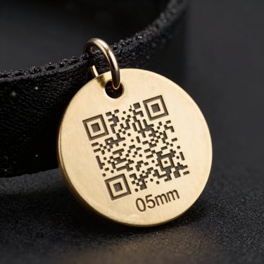 Macro shot of a circular brass pet ID tag with a deeply engraved QR code and name, resting on a dark collar