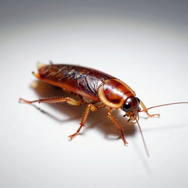 Clinical macro photograph of an American cockroach (Periplaneta americana) under bright laboratory light, showcasing its reddish-brown shell and detailed structure.