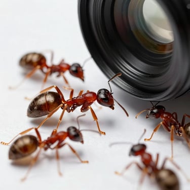 Clinical macro photograph of domestic ants foraging on a white surface, sharp focus on their segmented bodies, clinical studio lighting.