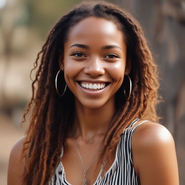 Photo of a cheerful young South African woman outdoors with a confident smile.