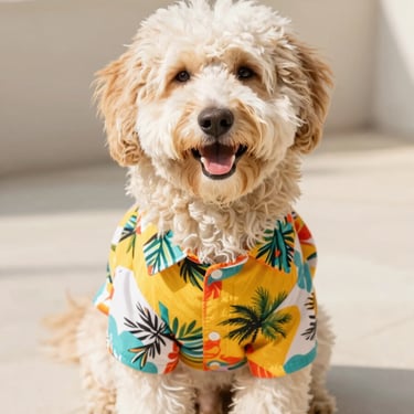 Feliz y esponjoso perro cockapoo con una camisa amarilla de palmera tropical hawaiana sentado